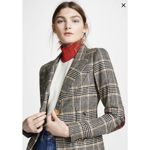 Smythe Patch Pocket Duchess Blazer Preppy Black Camel Plaid Wool Jacket Size 4 - Picture 11 of 13